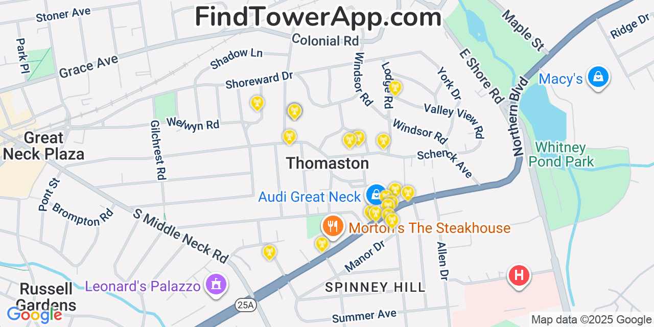 Map showing the 20 primary cell tower locations detected in Thomaston, New York from AT&T, Verizon, and T-Mobile networks
