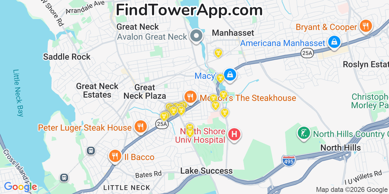 Map showing the 20 primary cell tower locations detected in Thomaston, New York from AT&T, Verizon, and T-Mobile networks