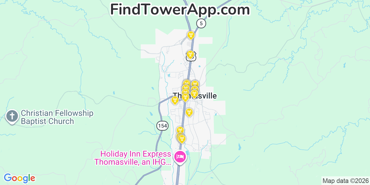 Map showing the 20 primary cell tower locations detected in Thomasville, Alabama from AT&T, Verizon, and T-Mobile networks