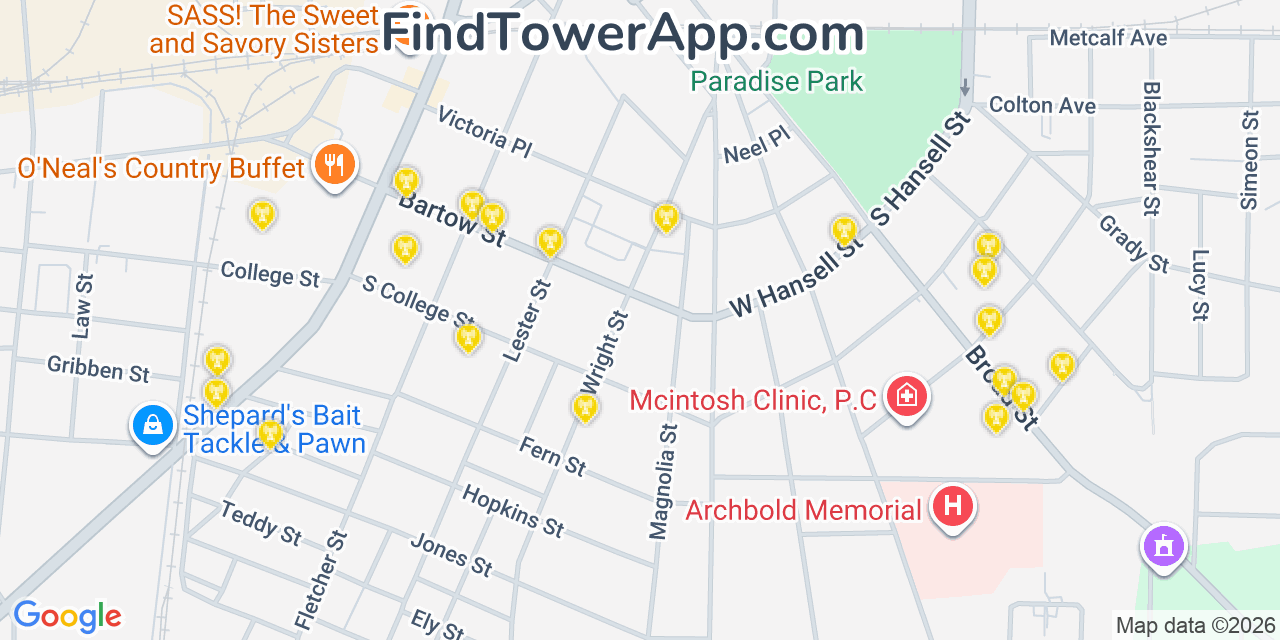 Map showing the 20 primary cell tower locations detected in Thomasville, Georgia from AT&T, Verizon, and T-Mobile networks
