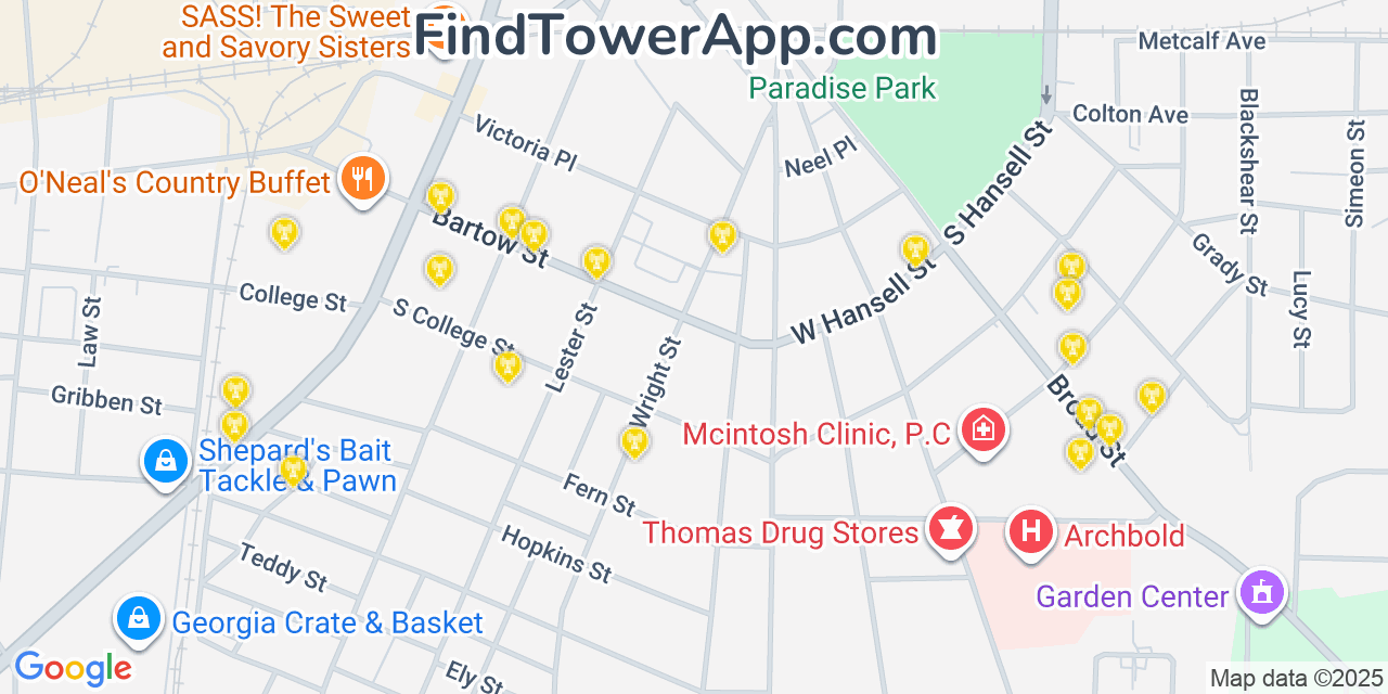 Map showing the 20 primary Mobitel cell tower locations detected in Thomasville, Georgia with coverage radius and signal strength indicators