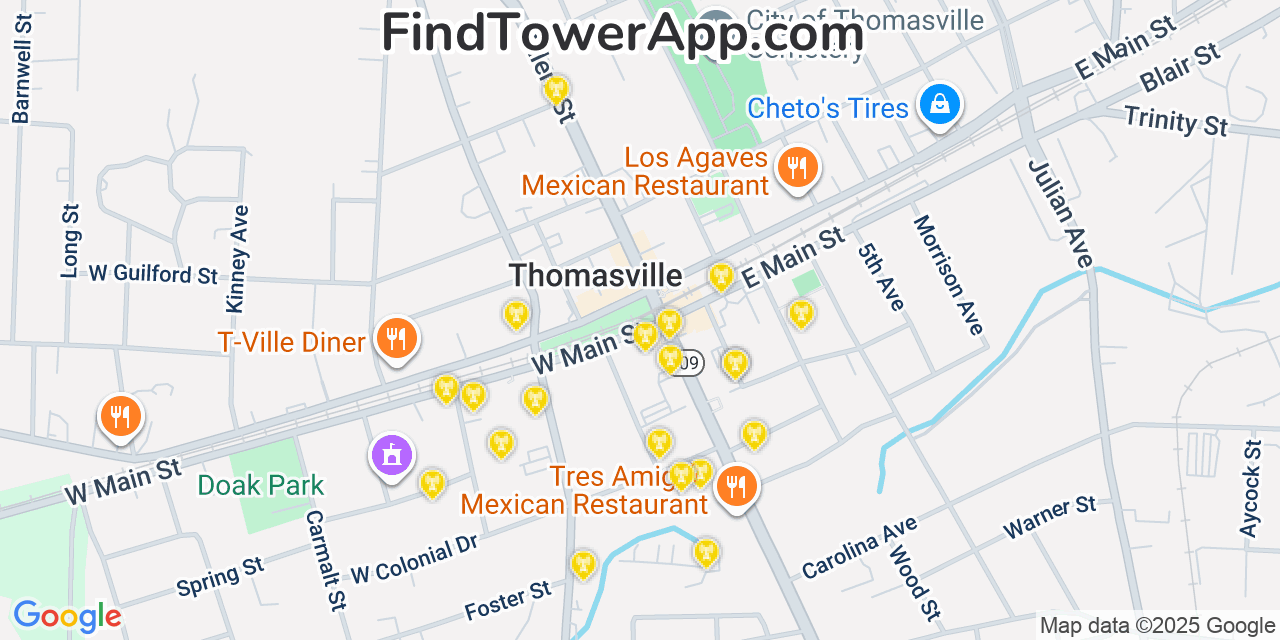 Map showing the 20 primary cell tower locations detected in Thomasville, North Carolina from AT&T, Verizon, and T-Mobile networks