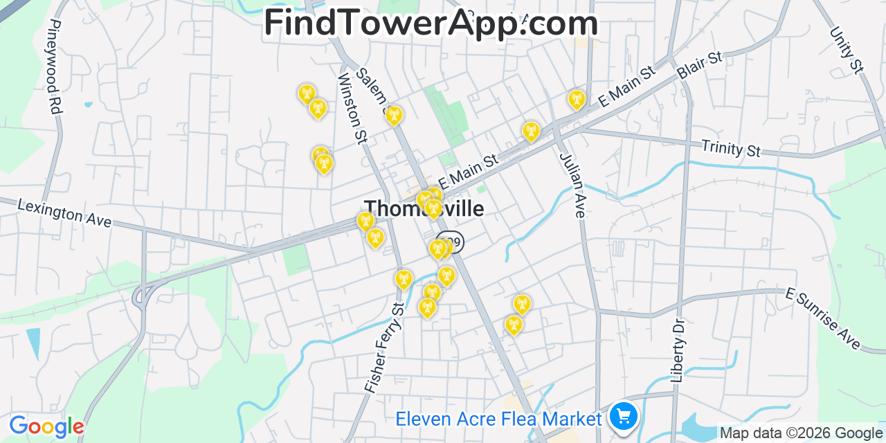 Map showing the 20 primary cell tower locations detected in Thomasville, North Carolina from AT&T, Verizon, and T-Mobile networks