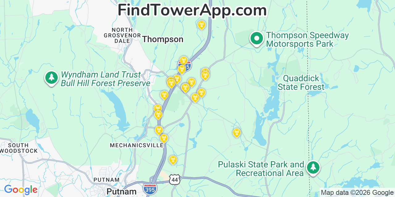 Map showing the 20 primary cell tower locations detected in Thompson, Connecticut from AT&T, Verizon, and T-Mobile networks