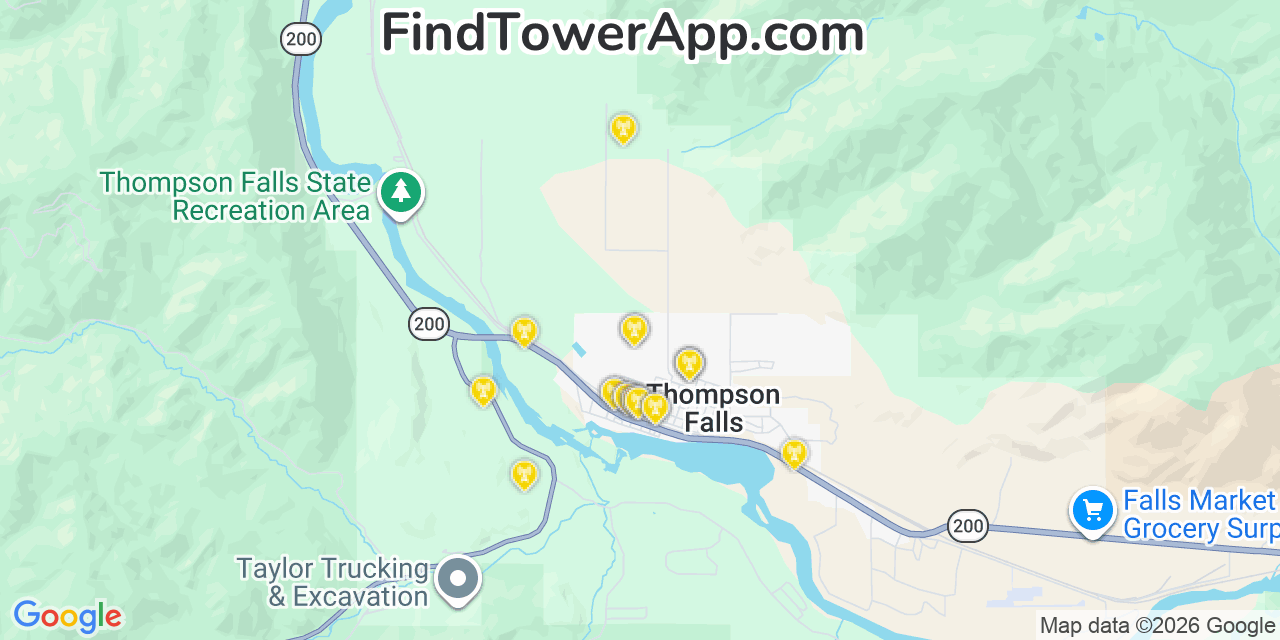 Map showing the 20 primary cell tower locations detected in Thompson Falls, Montana from AT&T, Verizon, and T-Mobile networks