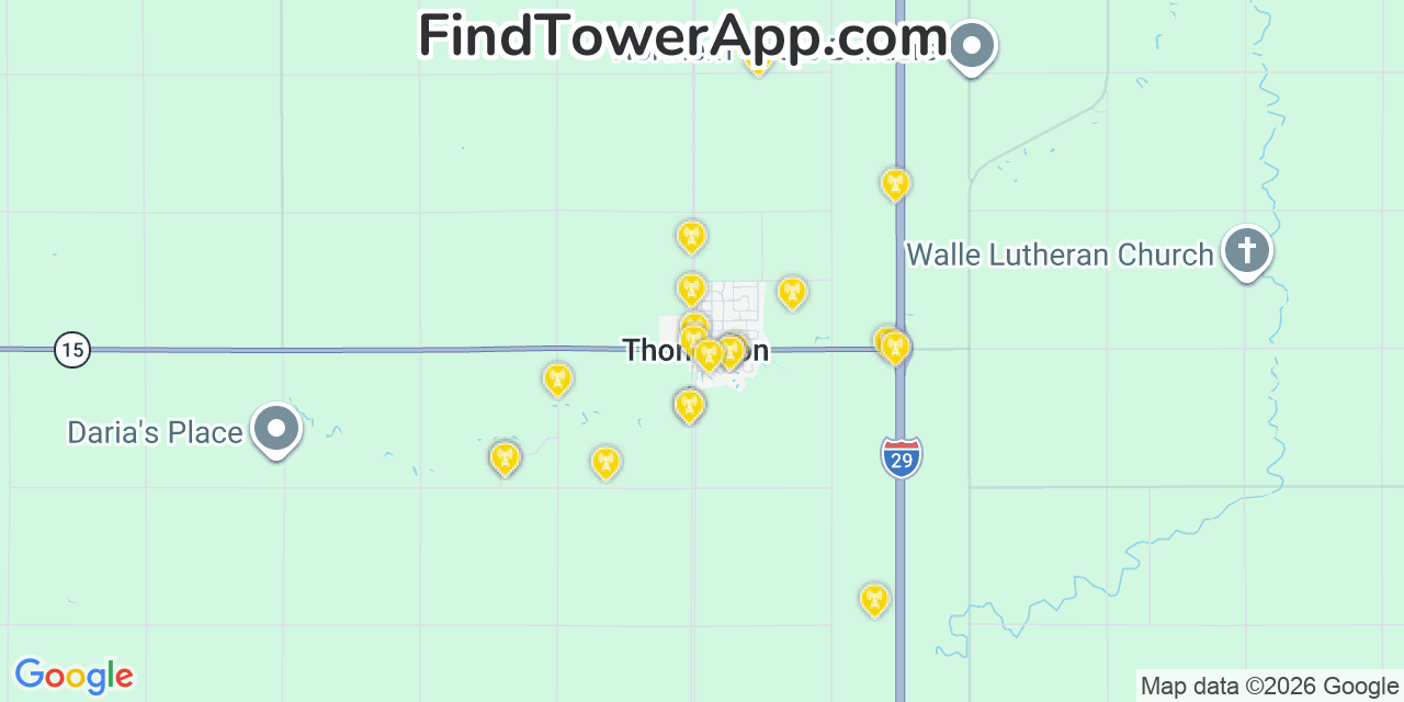 Map showing the 20 primary cell tower locations detected in Thompson, North Dakota from AT&T, Verizon, and T-Mobile networks