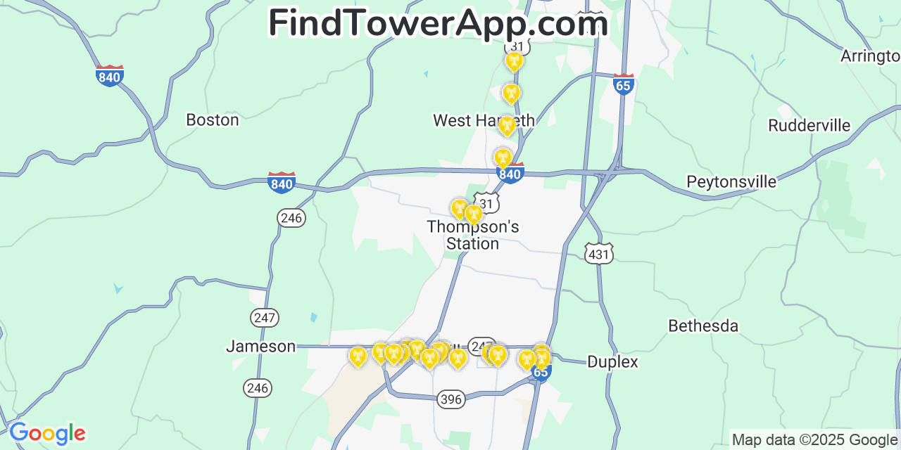 Map showing the 22 primary AT&T cell tower locations detected in Thompson S Station, Tennessee with coverage radius and signal strength indicators