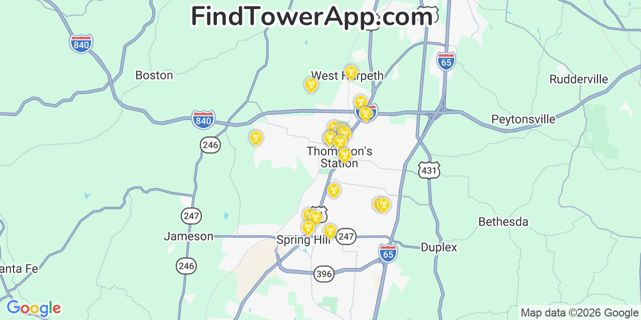 Map showing the 20 primary cell tower locations detected in Thompson S Station, Tennessee from AT&T, Verizon, and T-Mobile networks