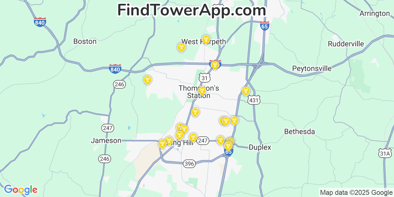 Map showing the 21 primary T-Mobile cell tower locations detected in Thompson S Station, Tennessee with coverage radius and signal strength indicators