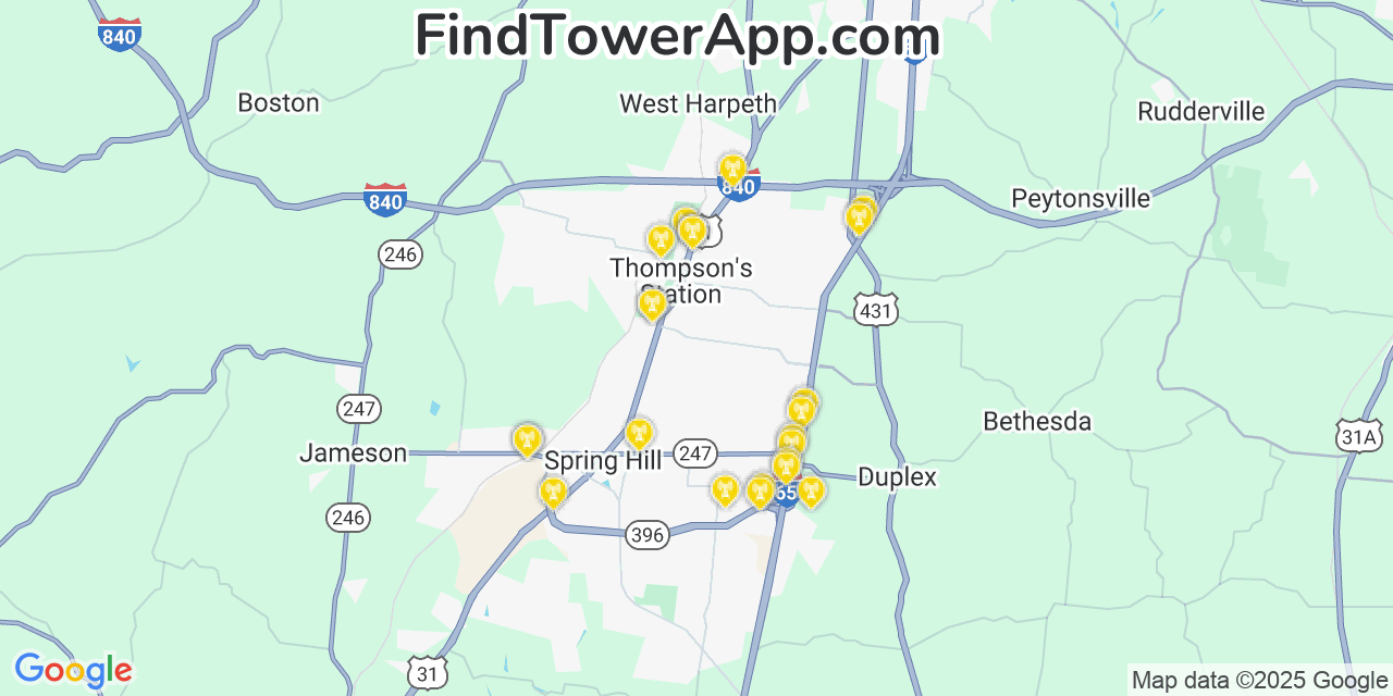 Map showing the 24 primary Verizon cell tower locations detected in Thompson S Station, Tennessee with coverage radius and signal strength indicators