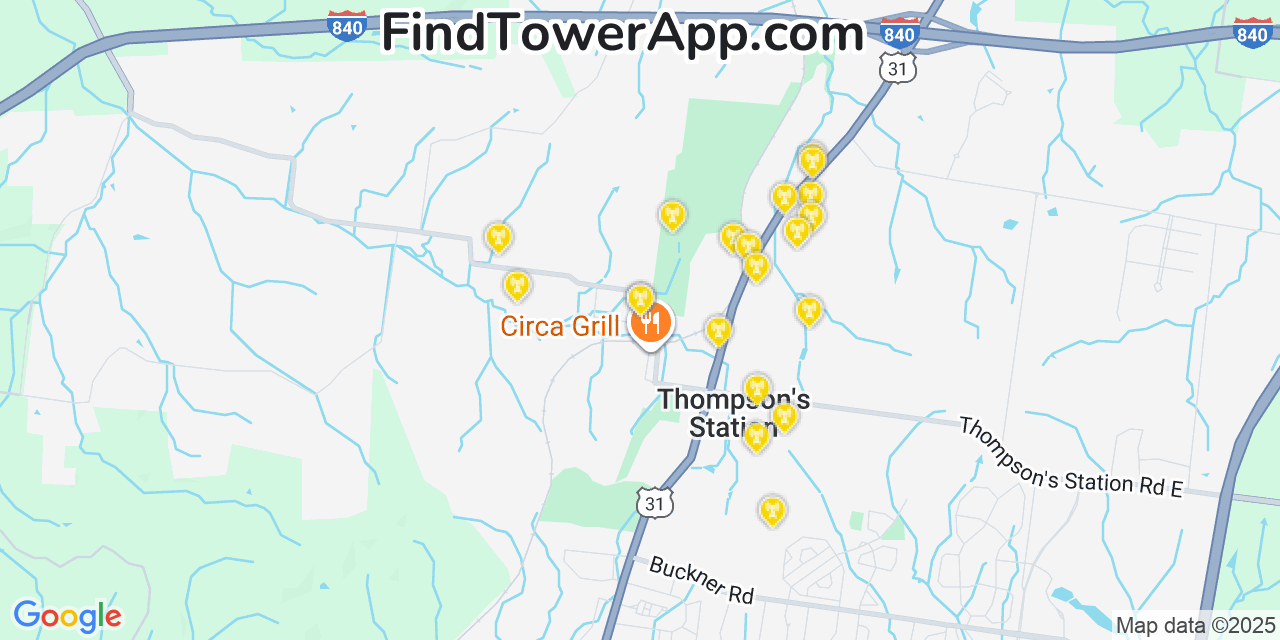 Map showing the 20 primary cell tower locations detected in Thompsons Station, Tennessee from AT&T, Verizon, and T-Mobile networks