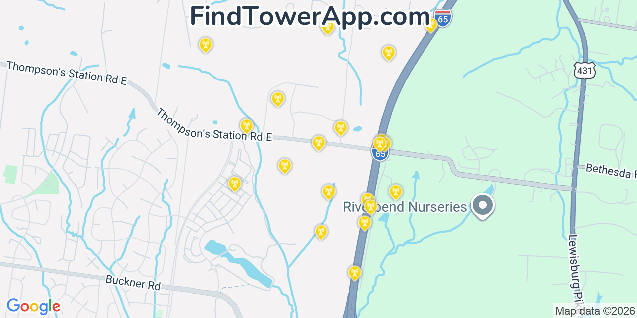 Map showing the 20 primary cell tower locations detected in Thompsons Station, Tennessee from AT&T, Verizon, and T-Mobile networks