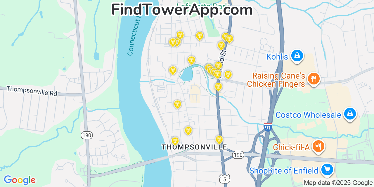 Map showing the 20 primary cell tower locations detected in Thompsonville, Connecticut from AT&T, Verizon, and T-Mobile networks