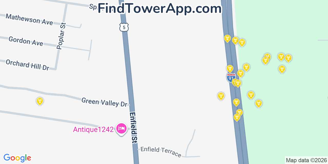 Map showing the 20 primary cell tower locations detected in Thompsonville, Connecticut from AT&T, Verizon, and T-Mobile networks