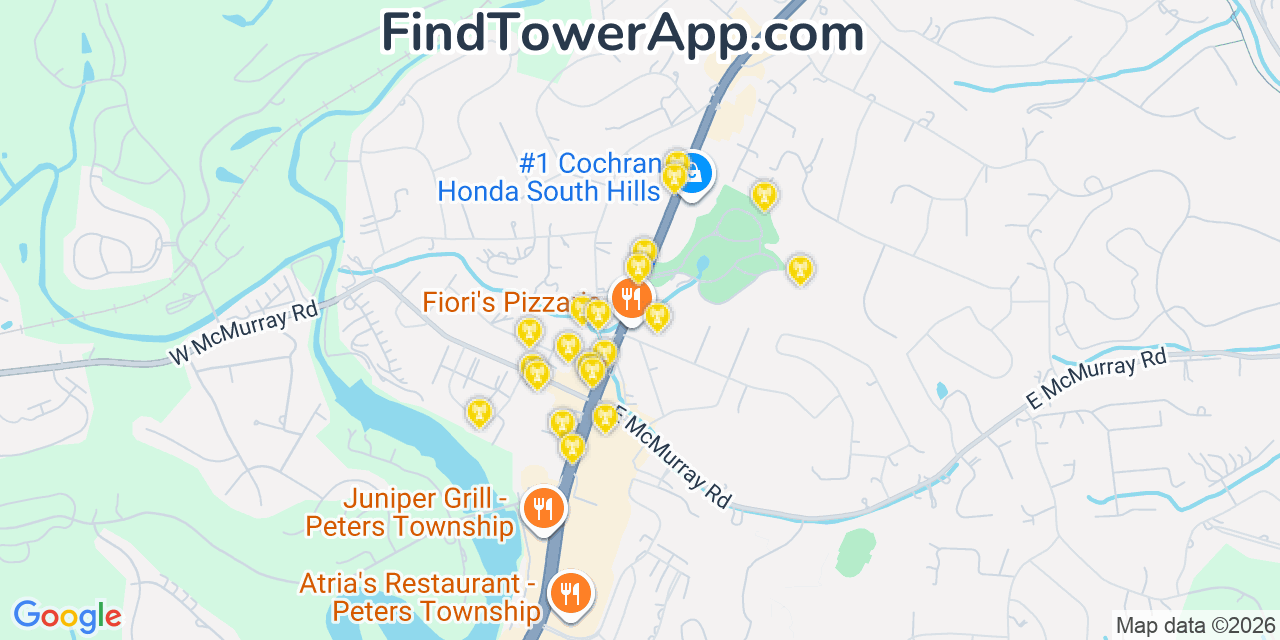 Map showing the 20 primary cell tower locations detected in Thompsonville, Pennsylvania from AT&T, Verizon, and T-Mobile networks