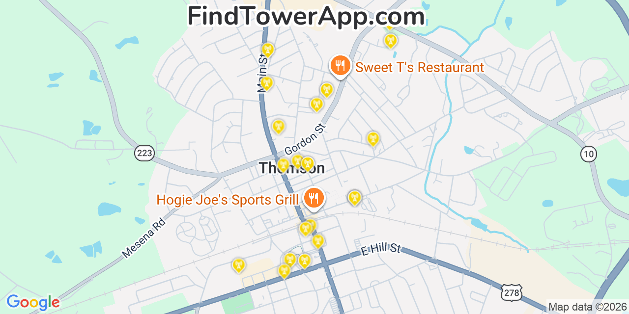 Map showing the 20 primary cell tower locations detected in Thomson, Georgia from AT&T, Verizon, and T-Mobile networks