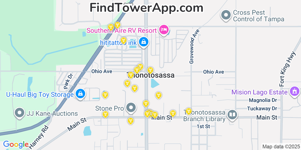 Map showing the 20 primary cell tower locations detected in Thonotosassa, Florida from AT&T, Verizon, and T-Mobile networks