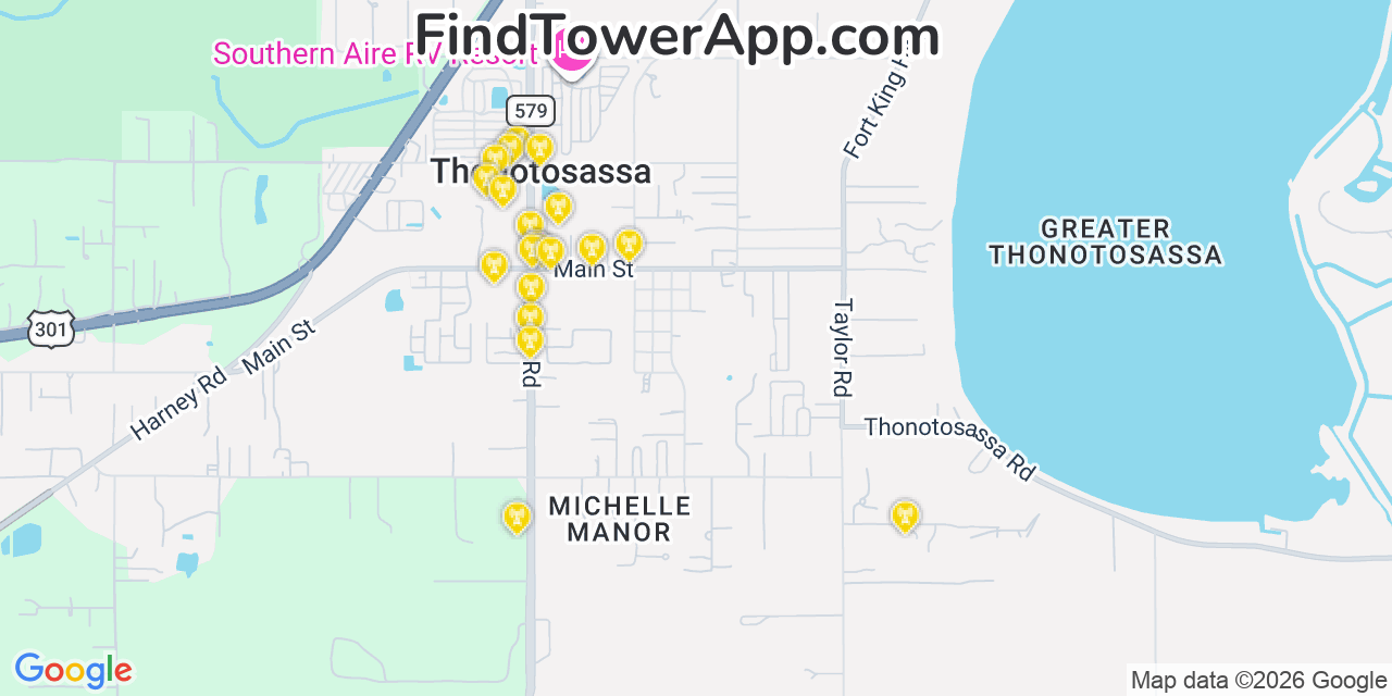 Map showing the 20 primary cell tower locations detected in Thonotosassa, Florida from AT&T, Verizon, and T-Mobile networks