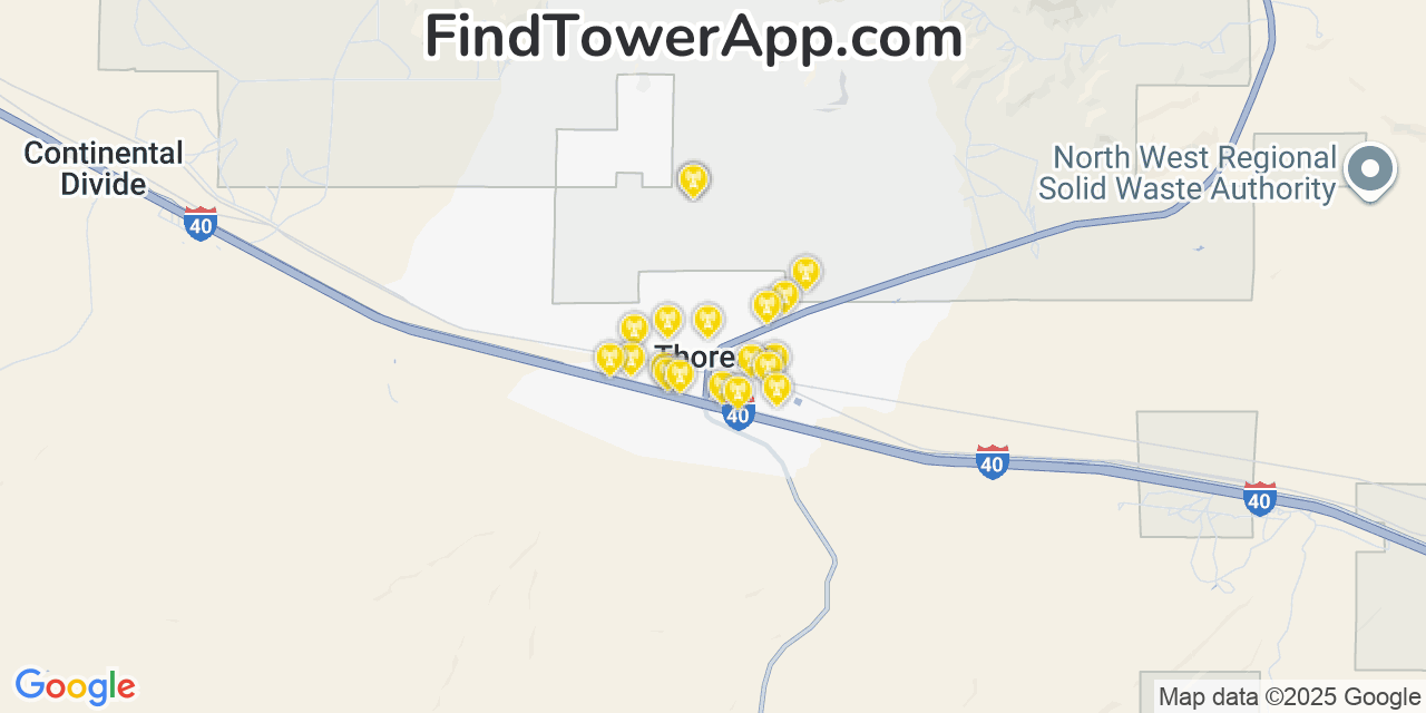 Map showing the 20 primary cell tower locations detected in Thoreau, New Mexico from AT&T, Verizon, and T-Mobile networks