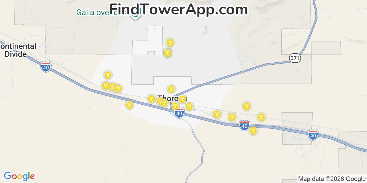Map showing the 20 primary cell tower locations detected in Thoreau, New Mexico from AT&T, Verizon, and T-Mobile networks