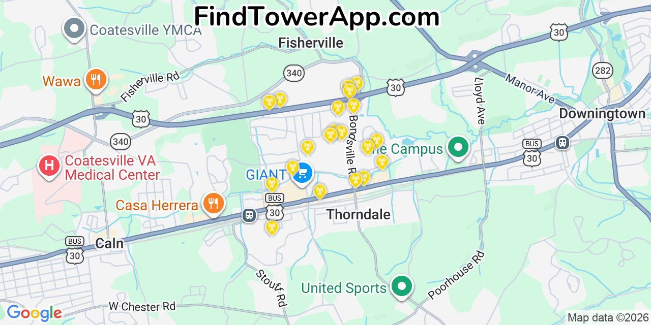 Map showing the 20 primary cell tower locations detected in Thorndale, Pennsylvania from AT&T, Verizon, and T-Mobile networks