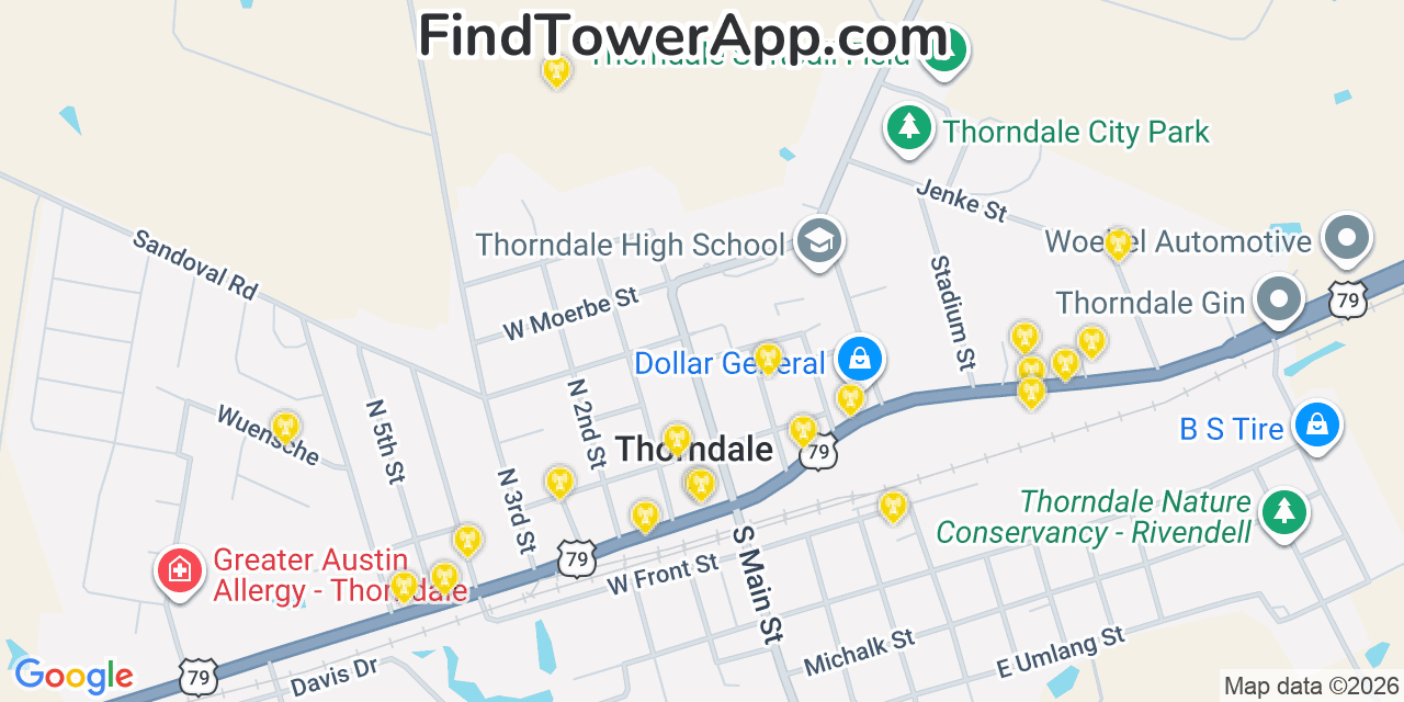 Map showing the 20 primary cell tower locations detected in Thorndale, Texas from AT&T, Verizon, and T-Mobile networks