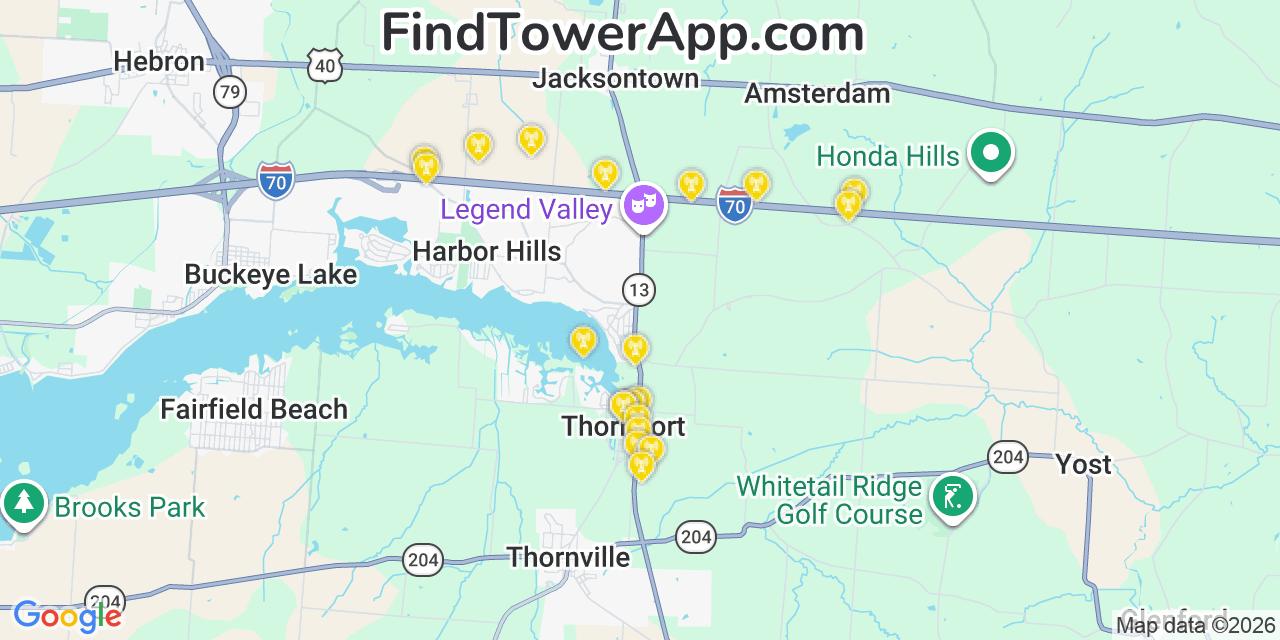 Map showing the 20 primary cell tower locations detected in Thornport, Ohio from AT&T, Verizon, and T-Mobile networks