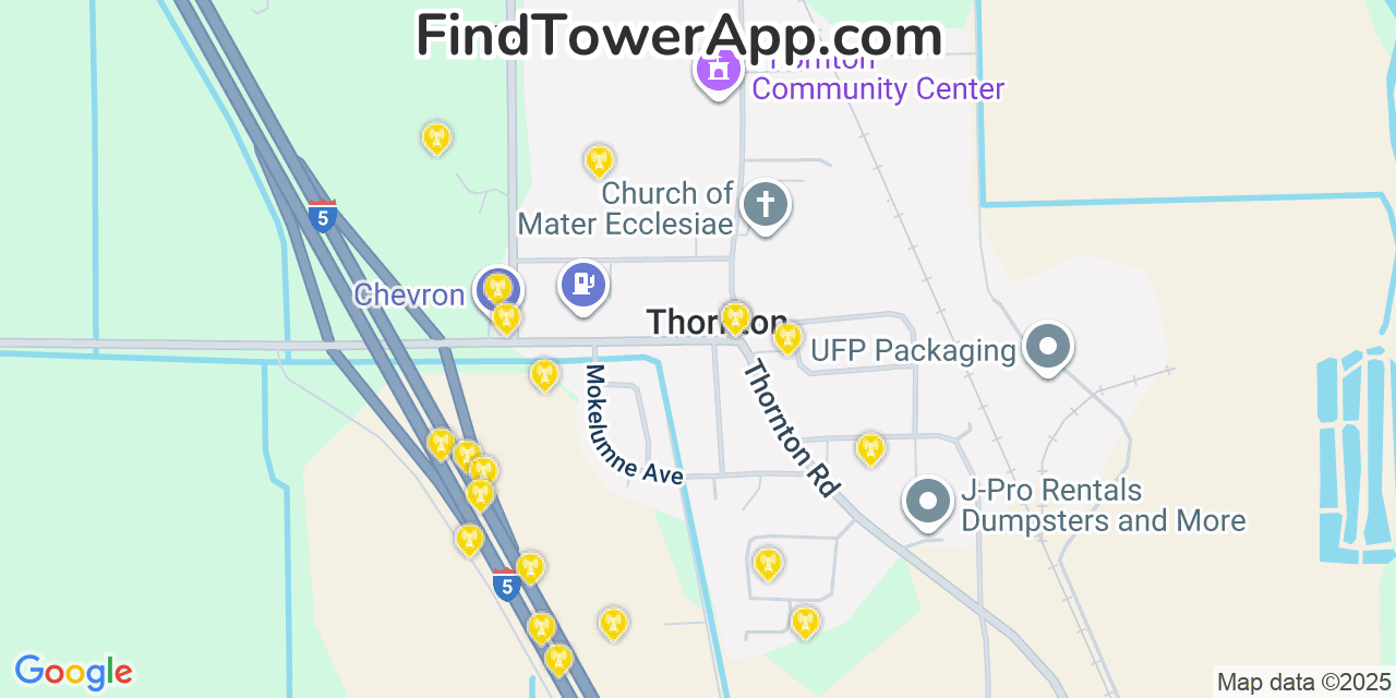 Map showing the 20 primary cell tower locations detected in Thornton, California from AT&T, Verizon, and T-Mobile networks