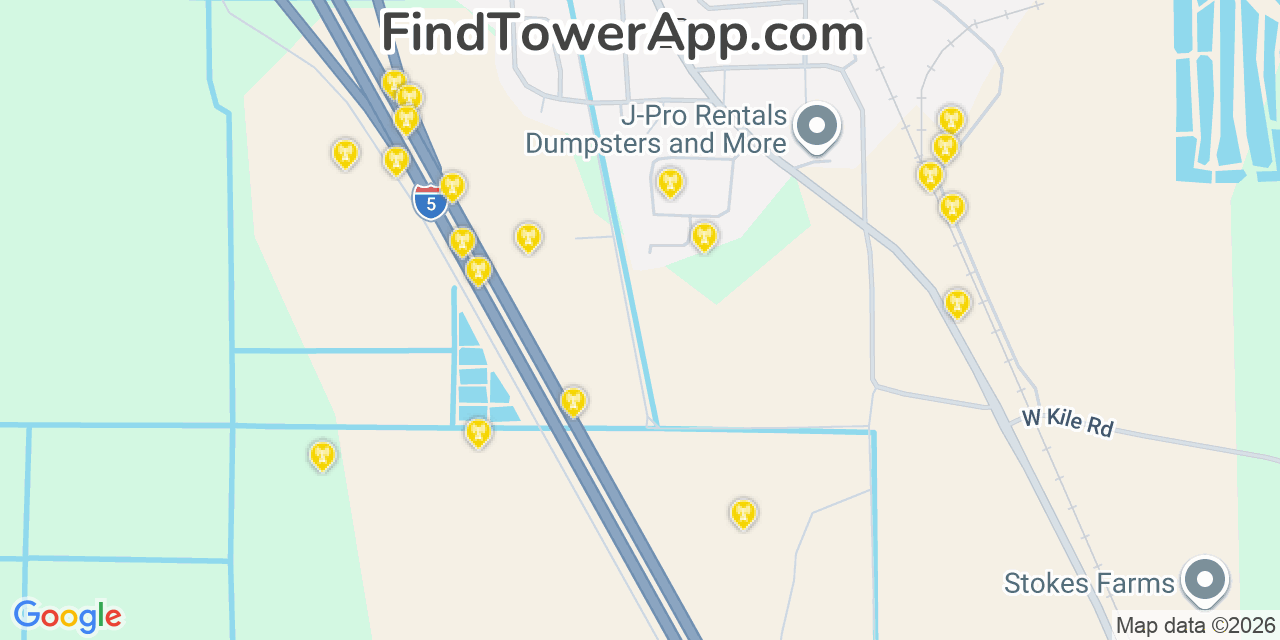 Map showing the 20 primary cell tower locations detected in Thornton, California from AT&T, Verizon, and T-Mobile networks