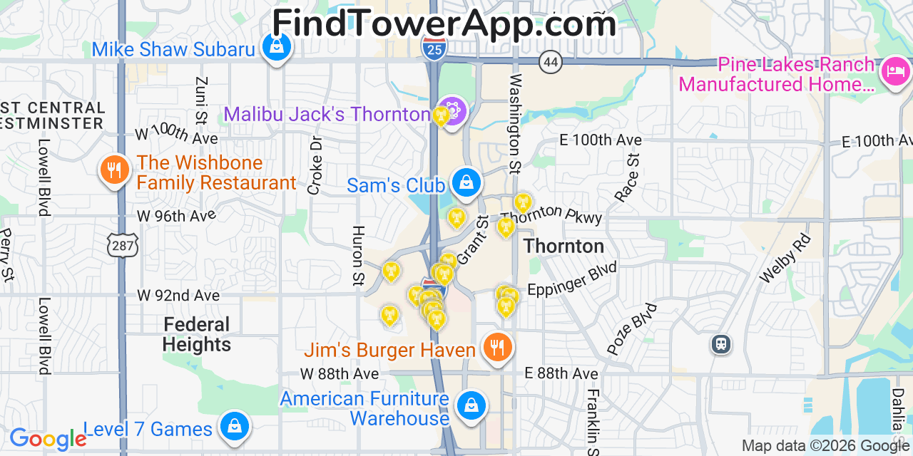 Map showing the 20 primary cell tower locations detected in Thornton, Colorado from AT&T, Verizon, and T-Mobile networks