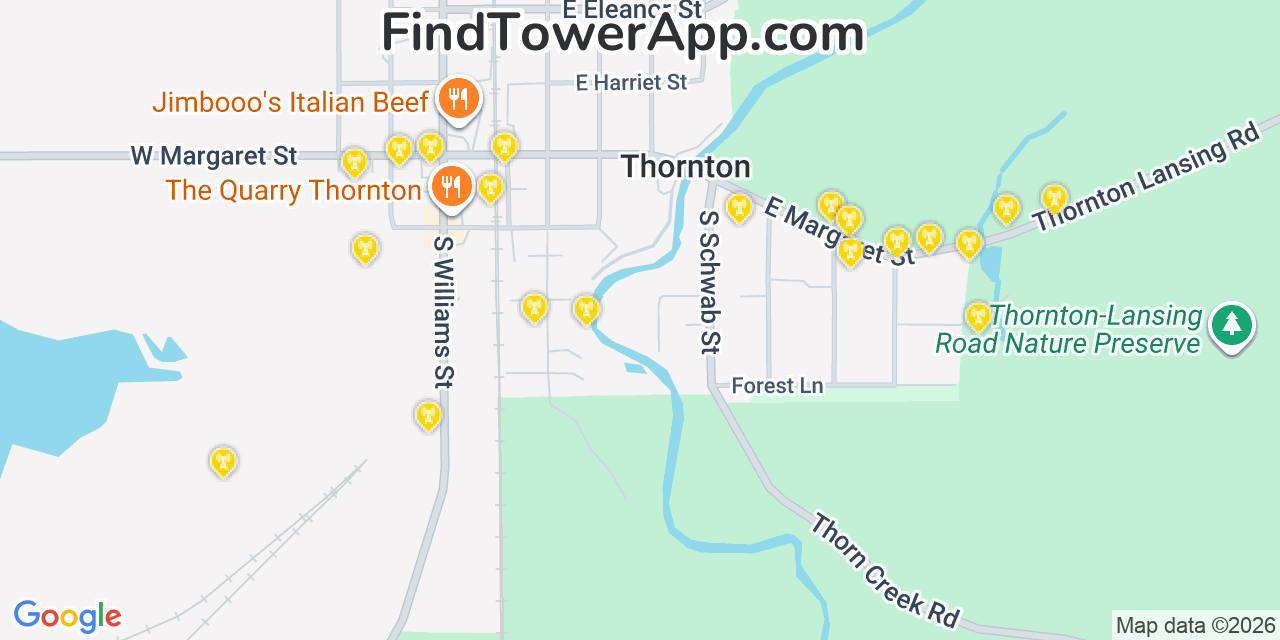 Map showing the 20 primary cell tower locations detected in Thornton, Illinois from AT&T, Verizon, and T-Mobile networks