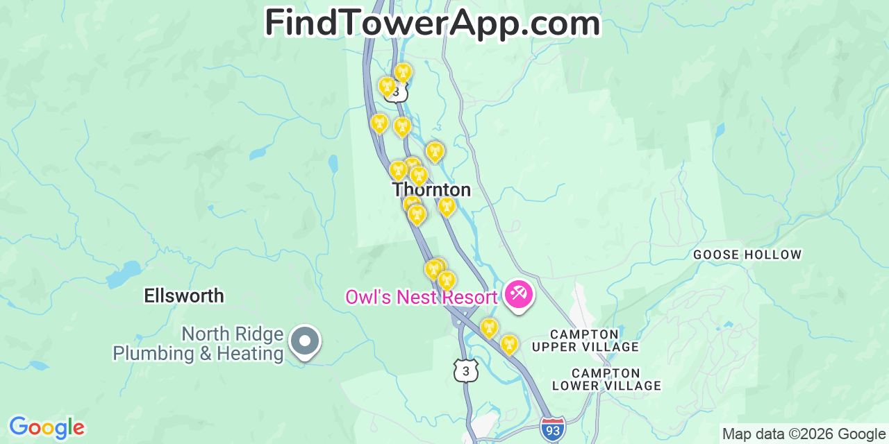 Map showing the 20 primary cell tower locations detected in Thornton, New Hampshire from AT&T, Verizon, and T-Mobile networks