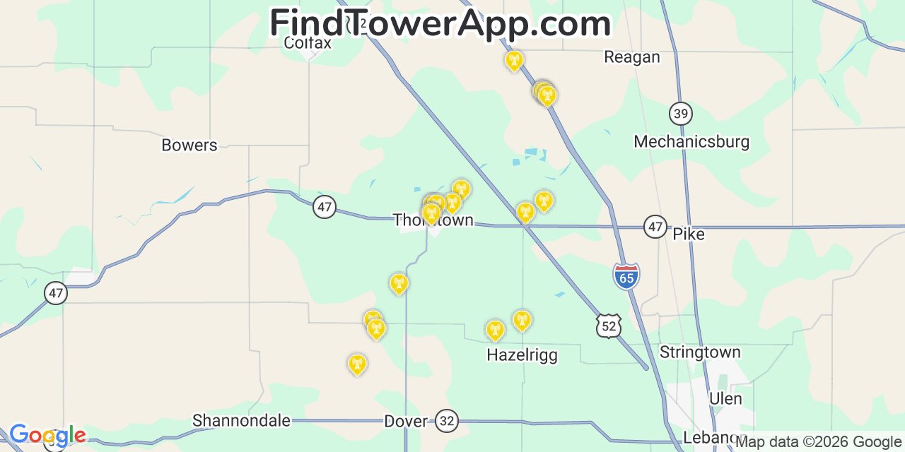 Map showing the 20 primary cell tower locations detected in Thorntown, Indiana from AT&T, Verizon, and T-Mobile networks
