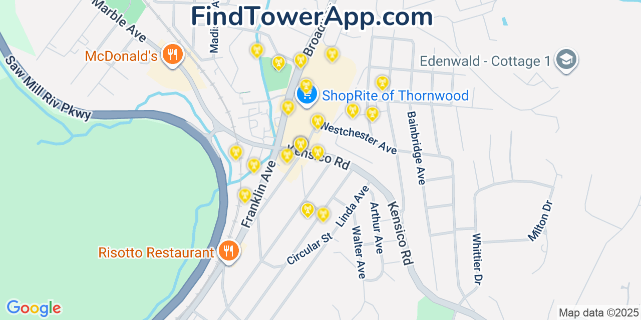 Map showing the 20 primary cell tower locations detected in Thornwood, New York from AT&T, Verizon, and T-Mobile networks