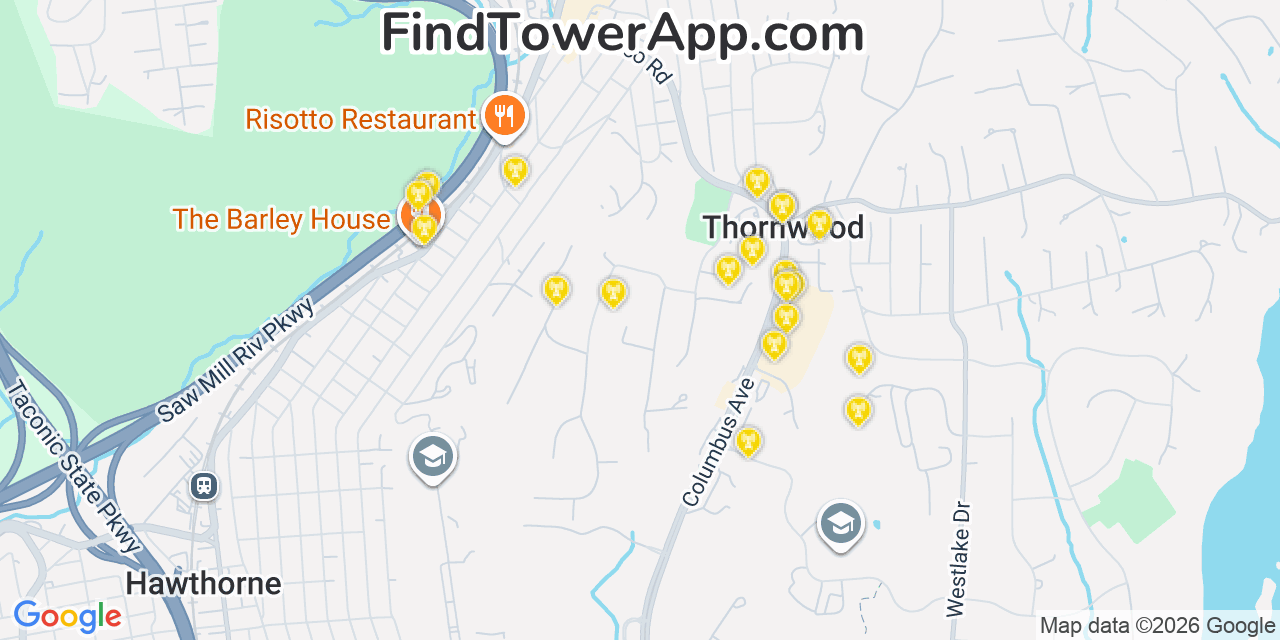 Map showing the 20 primary cell tower locations detected in Thornwood, New York from AT&T, Verizon, and T-Mobile networks