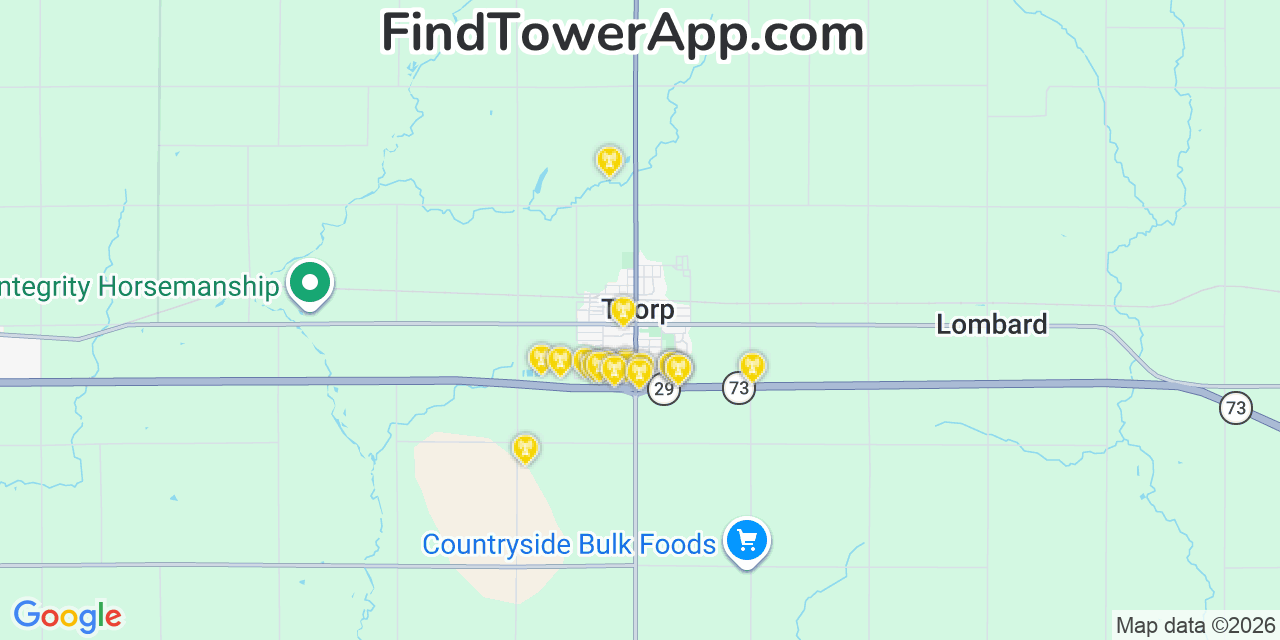 Map showing the 20 primary cell tower locations detected in Thorp, Wisconsin from AT&T, Verizon, and T-Mobile networks