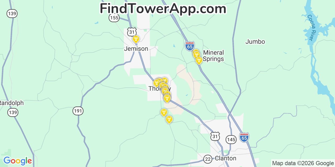 Map showing the 20 primary cell tower locations detected in Thorsby, Alabama from AT&T, Verizon, and T-Mobile networks
