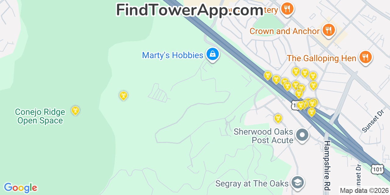 Map showing the 20 primary cell tower locations detected in Thousand Oaks, California from AT&T, Verizon, and T-Mobile networks