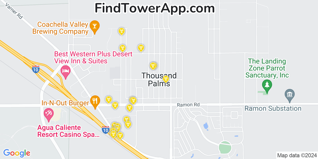 AT&T 4G/5G cell tower coverage map Thousand Palms, California