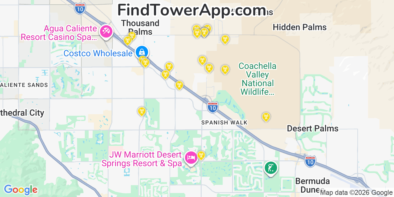 Map showing the 20 primary cell tower locations detected in Thousand Palms, California from AT&T, Verizon, and T-Mobile networks