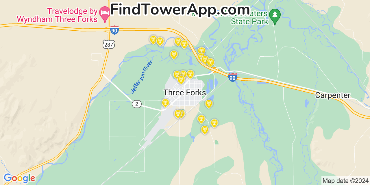 AT&T 4G/5G cell tower coverage map Three Forks, Montana