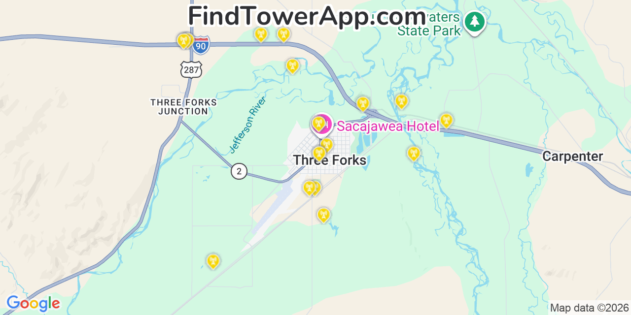 Map showing the 20 primary cell tower locations detected in Three Forks, Montana from AT&T, Verizon, and T-Mobile networks