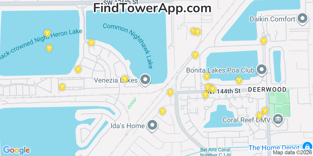 Map showing the 20 primary cell tower locations detected in Three Lakes, Florida from AT&T, Verizon, and T-Mobile networks