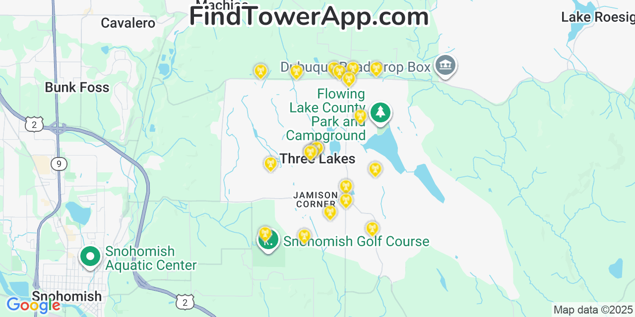 Map showing the 20 primary cell tower locations detected in Three Lakes, Washington from AT&T, Verizon, and T-Mobile networks
