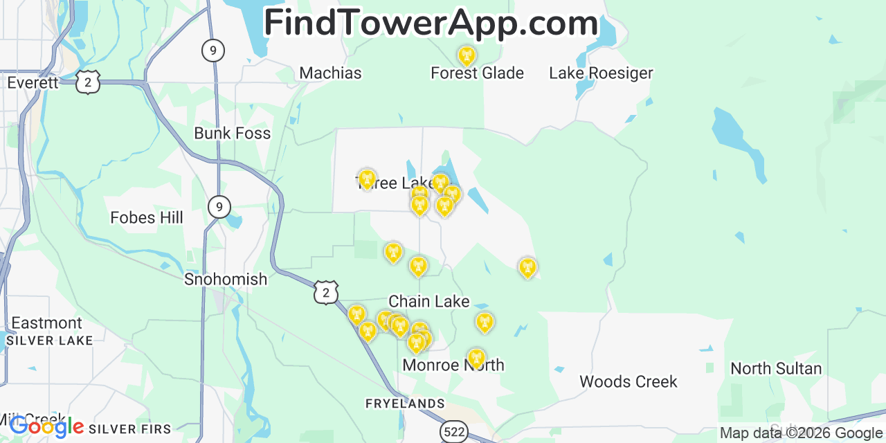 Map showing the 20 primary cell tower locations detected in Three Lakes, Washington from AT&T, Verizon, and T-Mobile networks