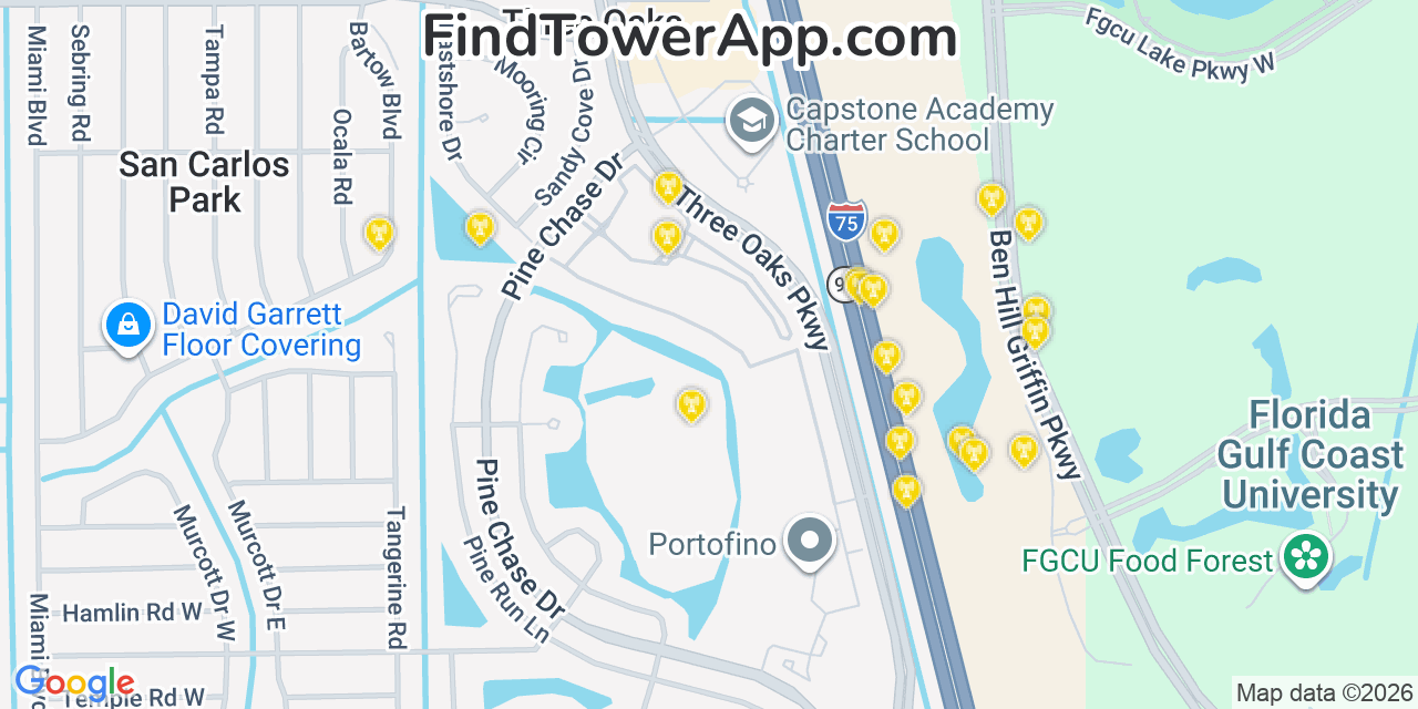 Map showing the 20 primary cell tower locations detected in Three Oaks, Florida from AT&T, Verizon, and T-Mobile networks
