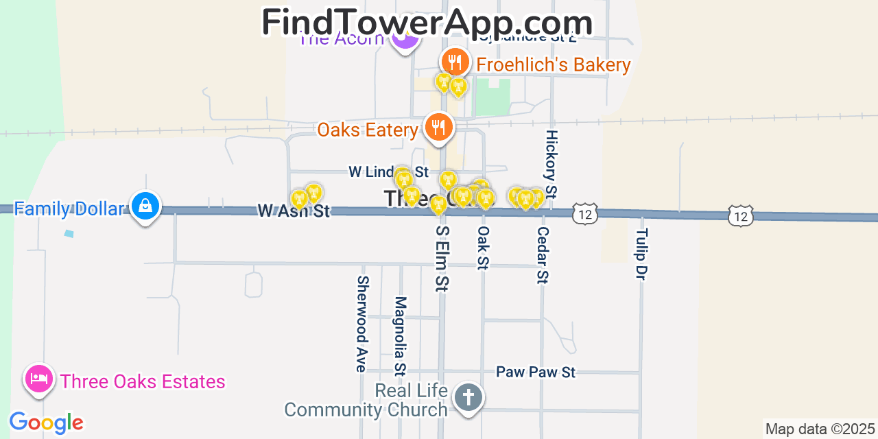 Map showing the 20 primary cell tower locations detected in Three Oaks, Michigan from AT&T, Verizon, and T-Mobile networks