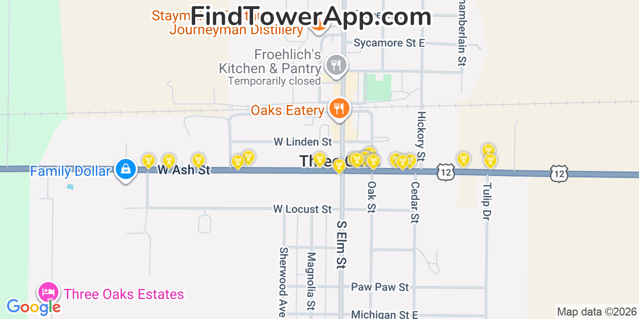 Map showing the 20 primary cell tower locations detected in Three Oaks, Michigan from AT&T, Verizon, and T-Mobile networks