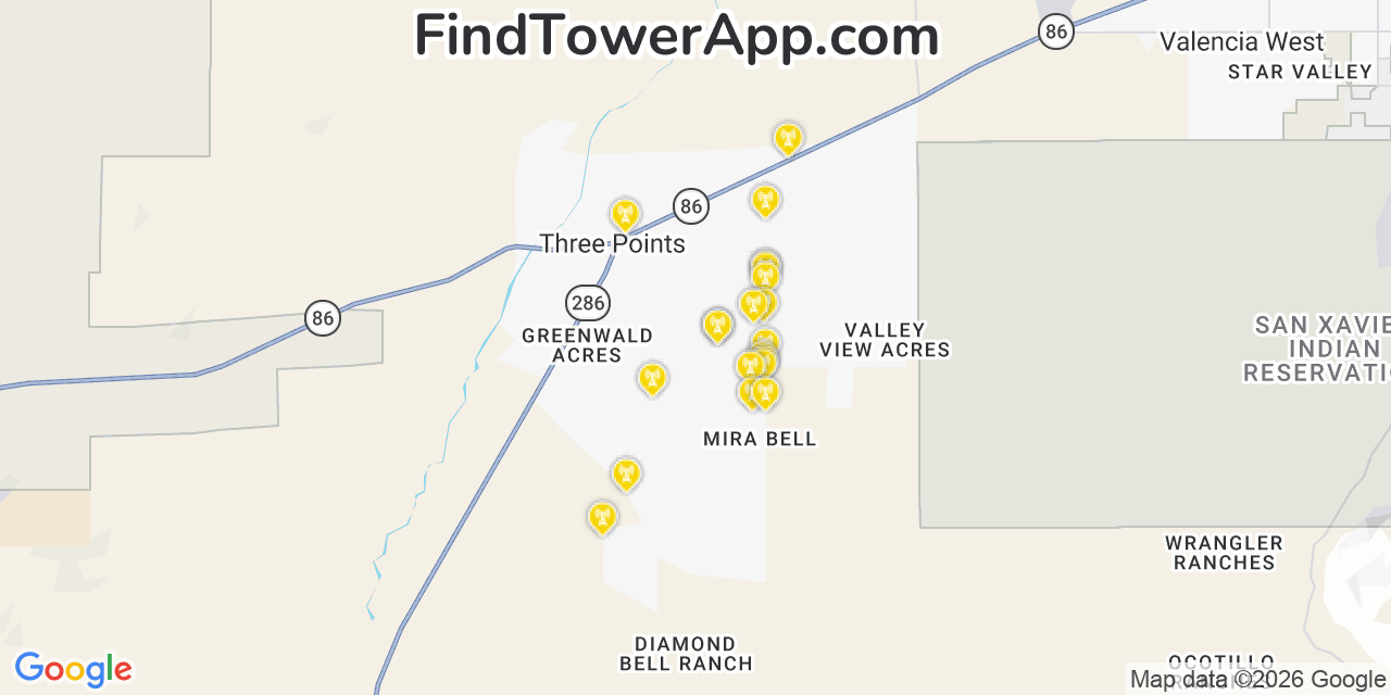 Map showing the 20 primary cell tower locations detected in Three Points, Arizona from AT&T, Verizon, and T-Mobile networks