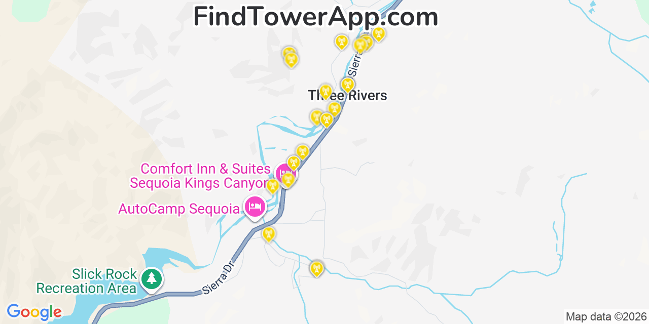 Map showing the 20 primary cell tower locations detected in Three Rivers, California from AT&T, Verizon, and T-Mobile networks